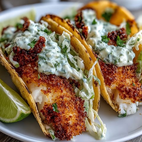 Golden air fryer fish tacos topped with crunchy cabbage slaw and drizzled with creamy lime sauce.