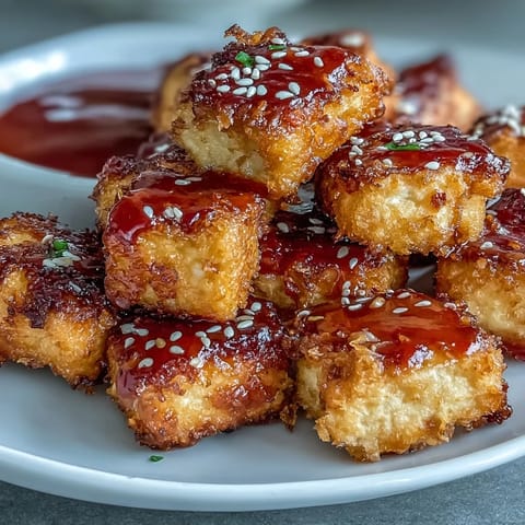 Crispy golden tofu nuggets glazed with sweet chili sauce, served with sesame seeds and green onions.  