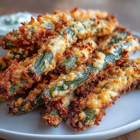 Crispy air fryer green bean fries coated in Parmesan breadcrumbs, served with creamy ranch yogurt dip.  