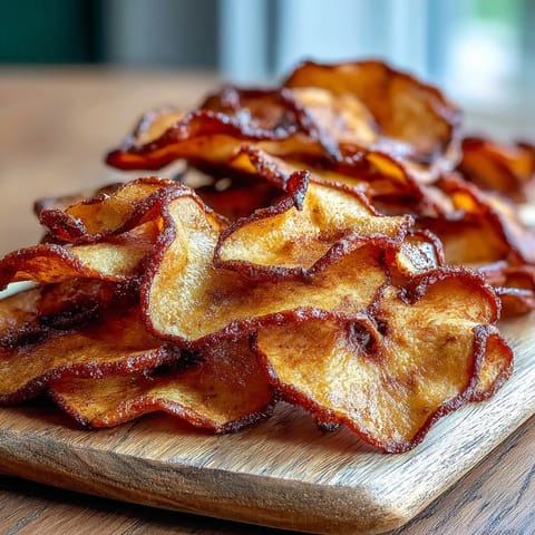 Golden cinnamon sugar apple chips, perfectly crisp and air-fried for a healthy snack.  