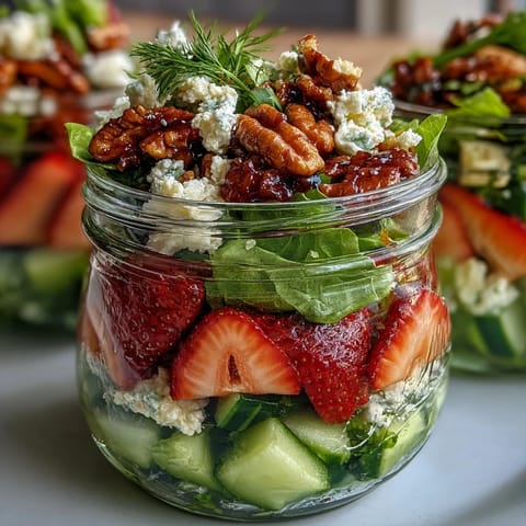 Layered jar salad featuring sweet strawberries, tangy goat cheese, and mixed greens, ideal for healthy on-the-go lunches.