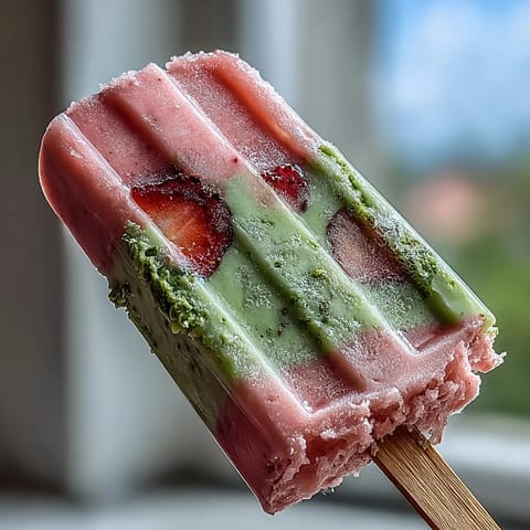 Vibrant homemade popsicles blending sweet strawberries and earthy matcha, ideal for cooling off during warm spring afternoons.