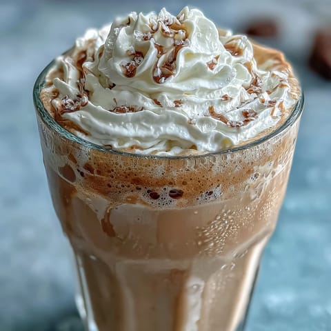 Creamy vanilla bean frappuccino protein shake with frothy almond milk, Greek yogurt, and vanilla bean seeds—perfect for a healthy, post-workout treat.
