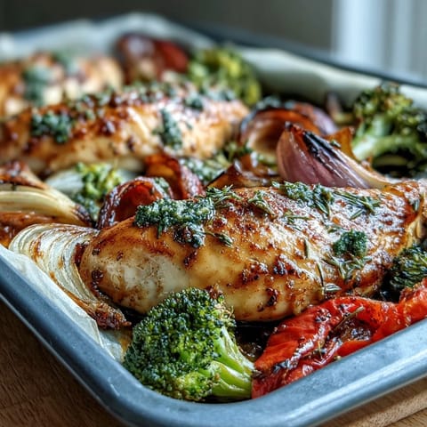 Vibrant sheet pan chicken and veggies, a healthy 5-ingredient dinner with tender chicken and colorful roasted vegetables.  