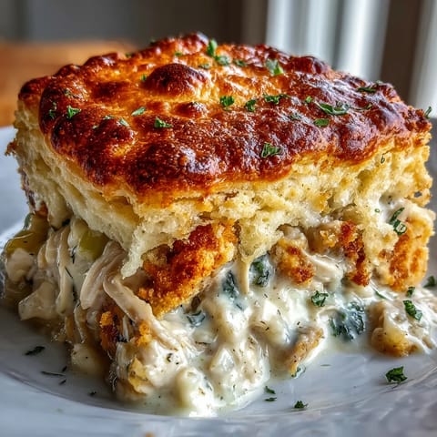 Creamy Chicken Pot Pie with Biscuit Topping: golden flaky biscuits baked over a savory chicken and vegetable filling in a rich, creamy sauce.