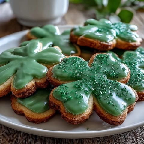 Shamrock-shaped sugar cookies with smooth green royal icing, perfect for St. Patrick's Day celebrations.
