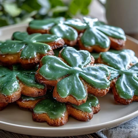 Festive St. Patrick's Day sugar cookies decorated with glossy royal icing in shamrock shapes for a lucky treat.