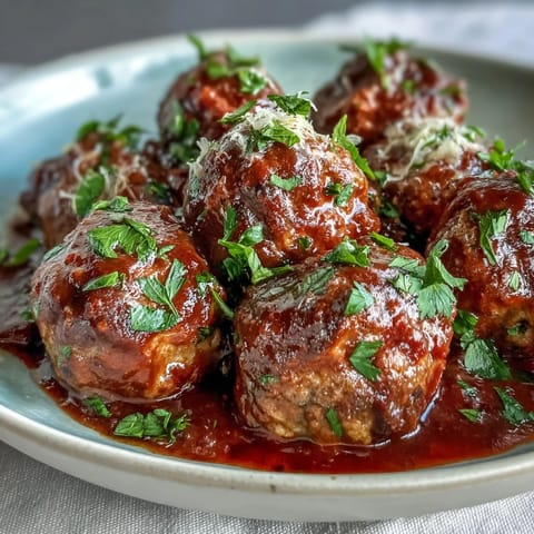 Juicy slow cooker meatballs in rich tomato sauce, perfect for a housewarming party appetizer or main dish.  