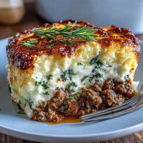 A golden-baked turkey shepherd's pie with creamy cauliflower-potato mash and savory ground turkey filling.