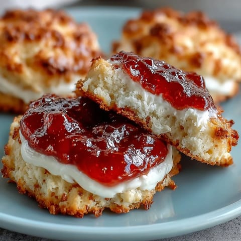 Clotted cream and strawberry jam thumbprint cookies with golden edges and vibrant red centers.  