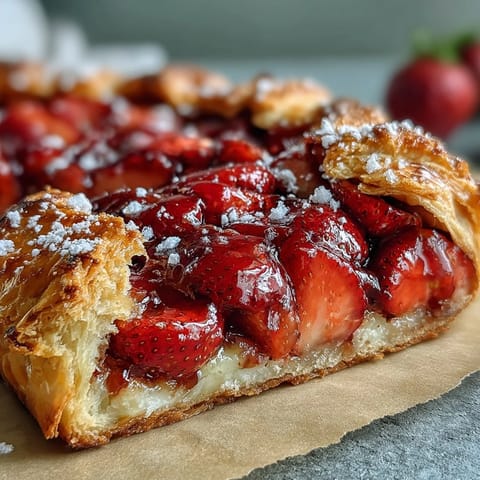 Golden strawberry galette with frangipane, rustic free-form tart with juicy berries and almond cream filling.
