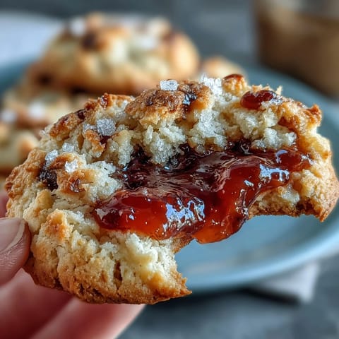 Fresh strawberry jam thumbprint cookies with golden edges and vibrant red centers on a rustic baking tray.