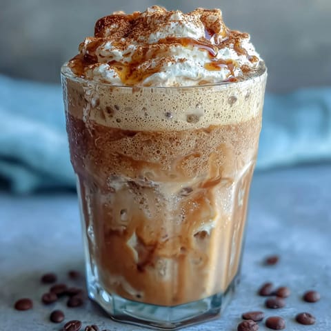 Vanilla Bean Frappuccino Protein Shake in a tall glass, topped with whipped cream and a sprinkle of cinnamon.