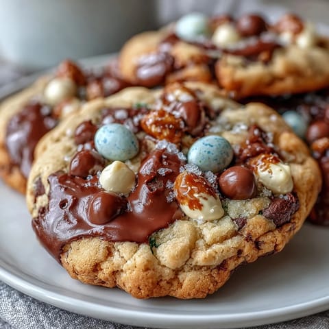 Soft and chewy Cadbury Mini Egg Easter chocolate chip cookies with colorful candy crunch, perfect for spring celebrations and sharing with friends.