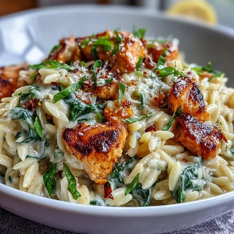 Lemon Orzo with Chicken and Spinach: a bright, creamy one-pan dinner with tender chicken, fresh spinach, and zesty lemon.