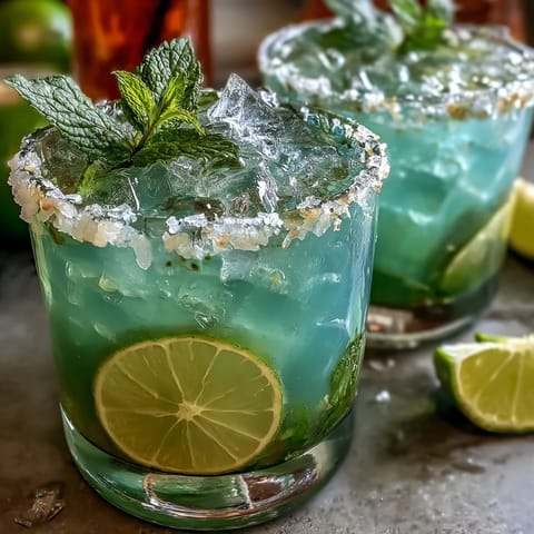 A refreshing Cinco de Mayo margarita mocktail with a salted lime rim, served over ice with fresh mint and lime slices.