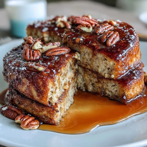 Fluffy pancake casserole with golden edges, drizzled with warm maple syrup for a cozy breakfast treat.