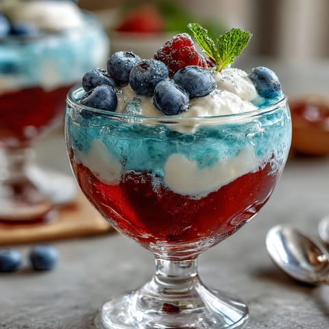 Festive red, white, and blue layered Jello cups with vibrant stripes, perfect for patriotic celebrations and summer parties.  