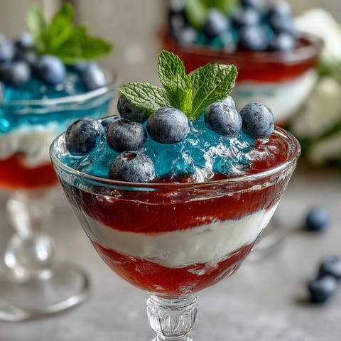 Patriotic Jello dessert cups featuring bold red, white, and blue layers, topped with whipped cream and fresh berries.  