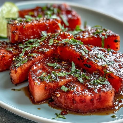 Juicy watermelon slices topped with tangy Tajin seasoning and fresh lime juice for a zesty summer treat.  
