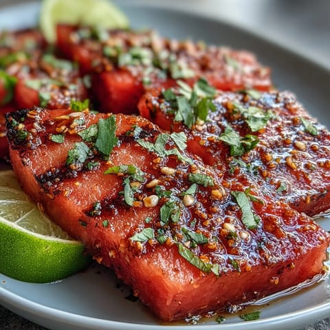 Chilled watermelon wedges sprinkled with chili-lime Tajin and bright lime juice create a refreshing, spicy-sweet snack.  