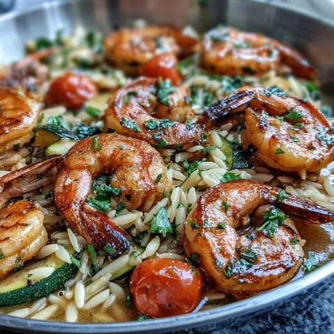 One-Pan Lemon Butter Shrimp and Orzo: A vibrant summer dinner with juicy shrimp, tender orzo, and fresh vegetables in a single skillet.