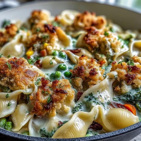 Creamy Veggie Pot Pie Pasta served steaming hot with golden biscuit crumbs on top and a rustic spoon.