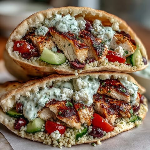 Warm Greek Chicken Feta Stuffed Pitas overflowing with creamy tzatziki and fresh salad.