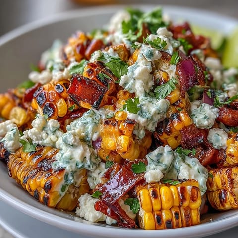 Creamy Mexican street corn salad with charred sweet corn, Cotija cheese, and zesty lime dressing. A colorful, tangy side dish perfect for summer barbecues or taco night.