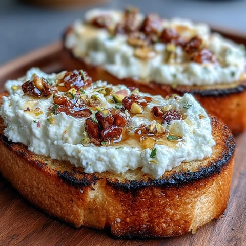 Buttery toasted baguette slices topped with creamy whipped ricotta, a drizzle of honey, and crunchy pistachios for an elegant appetizer.