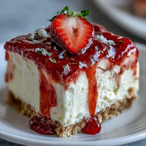 Delicious no-bake strawberry cheesecake slice with graham cracker crust, ready to enjoy.