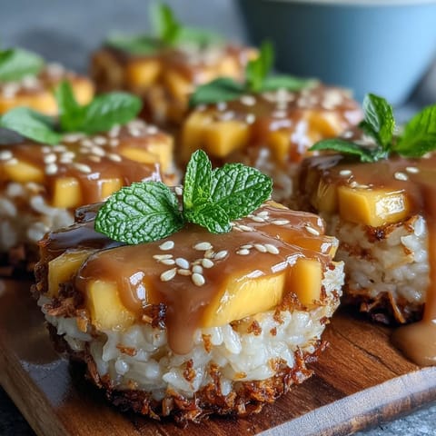 Individual Mango Sticky Rice Cups adorned with toasted sesame seeds and fresh mango.