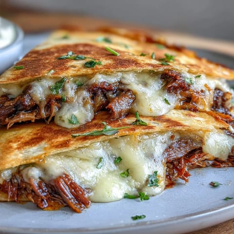 Crispy fried Cinco de Mayo Birria Quesadillas ready for spicy consommé dipping.