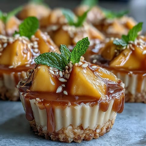 Close-up of Mango Sticky Rice Cups, a sweet Thai dessert with ripe mango.