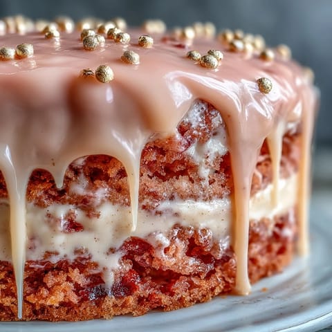 Blush pink Bridal Shower Rosé Velvet Cake glows with elegant gold drip.