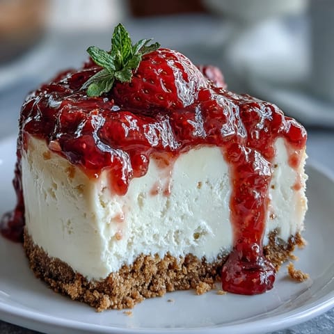 Creamy no-bake strawberry cheesecake with vibrant fruit topping, perfectly chilled.