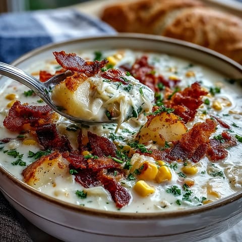 A creamy Cabbage Corn Chowder with crispy bacon, tender potatoes, and sweet corn in a smoky, comforting broth.