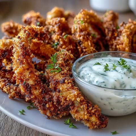 Golden air fryer pickle fries beside a creamy sriracha spicy mayo dip.