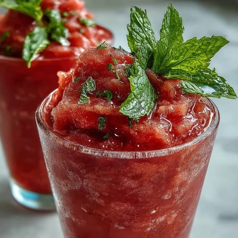 Vibrant Watermelon Mint Frosé: icy slush swirled with fresh mint garnish.