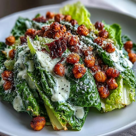 Vegan Caesar Salad with golden chickpea croutons, creamy dressing.