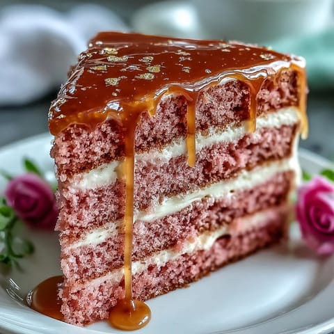 Bridal shower Rosé Velvet Cake, showcasing delicate pink layers with shimmering gold drip.