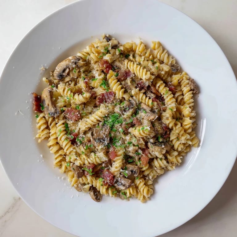 Delicious fusilli with bacon, onions and mushrooms, topped with grated Parmesan and fresh parsley.