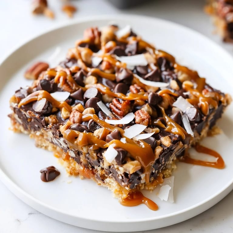 A close-up of golden-baked 7-Layer Magic Bars, richly layered and ready to be served.