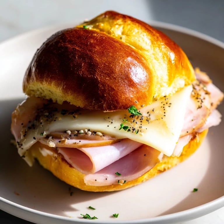 A close-up of buttery, flavorful, Baked Ham and Cheese Party Sliders, ideal for a game day appetizer.