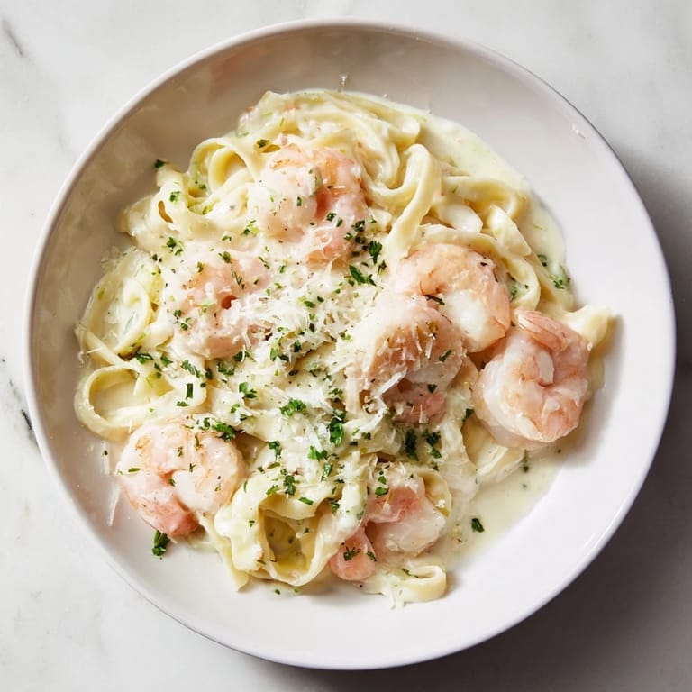 Savory Instant Pot Shrimp Alfredo Pasta, with perfectly cooked shrimp and rich, cheesy sauce.