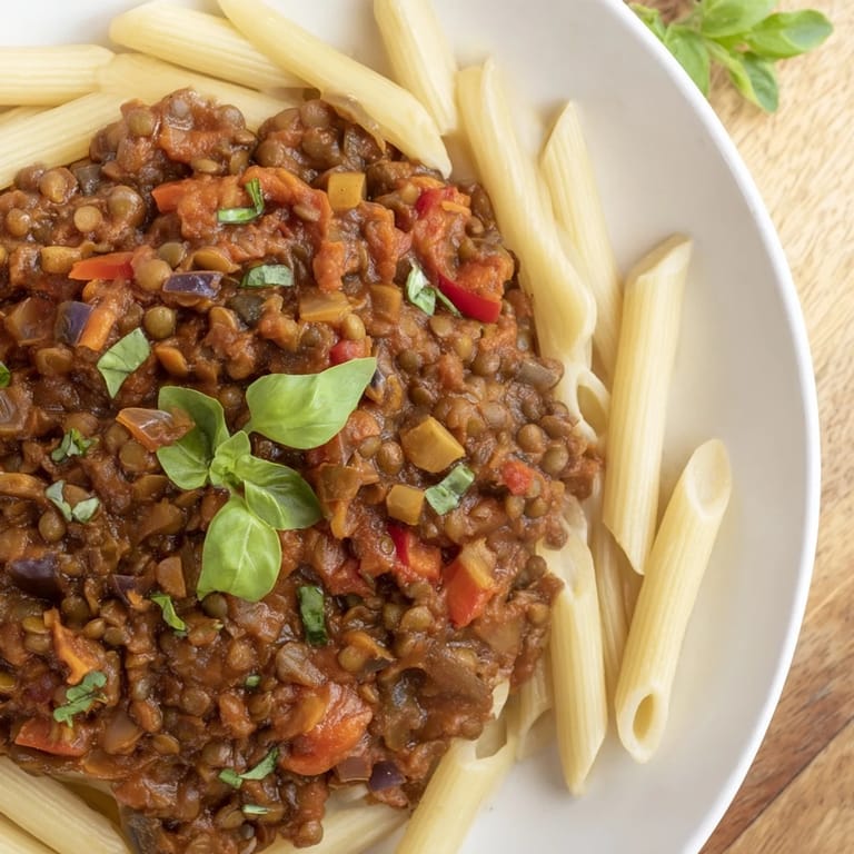 Close-up of a rustic bowl of Plant-Based Lentil Bolognese, featuring a thick, flavorful sauce.