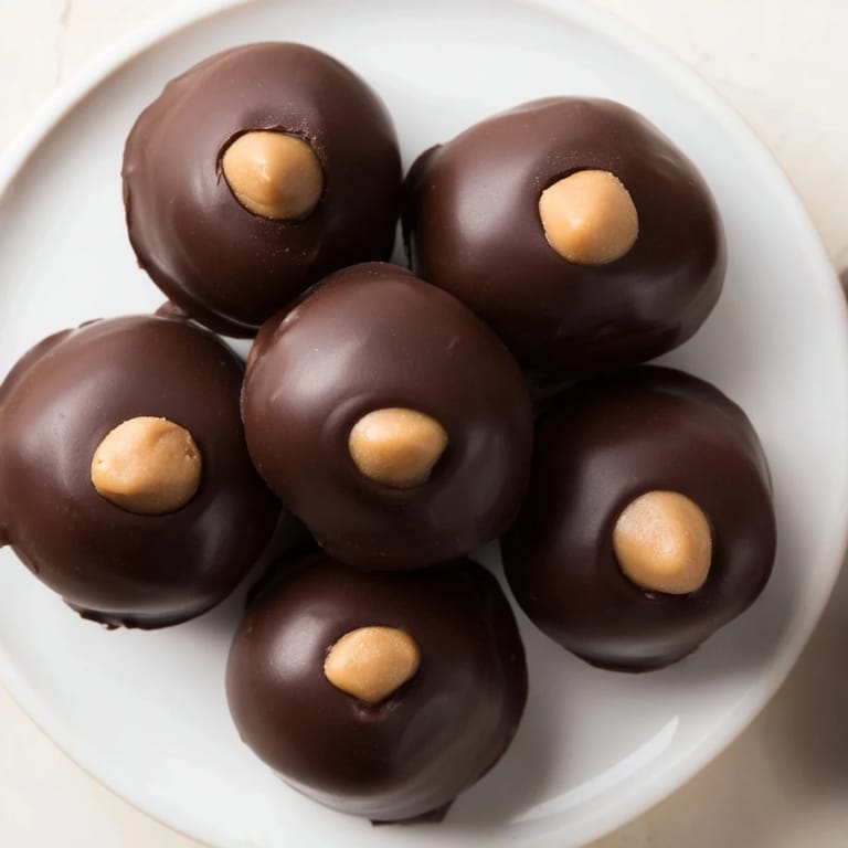A close-up of a batch of perfectly round peanut butter balls, a delicious no-bake dessert.