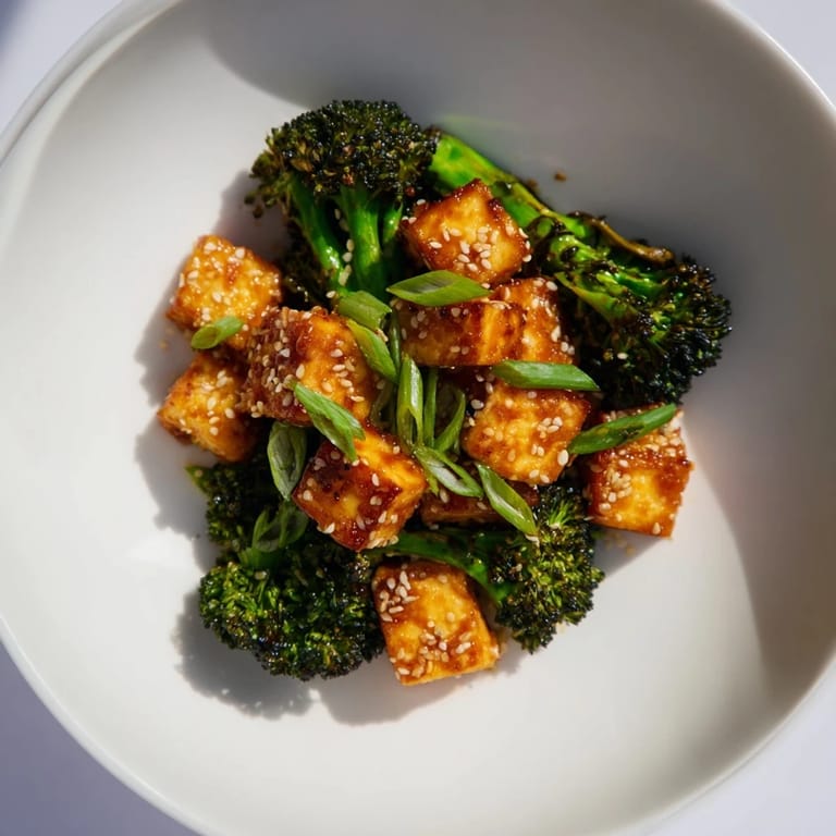 Golden-baked Sesame Tofu & Broccoli tossed in a savory sesame sauce, perfect over fluffy rice.