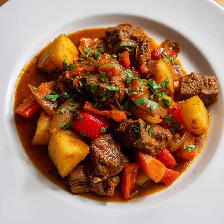 This flavorful Instant Pot Middle Eastern lamb stew features a deep red hue and tender lamb, ready to serve.