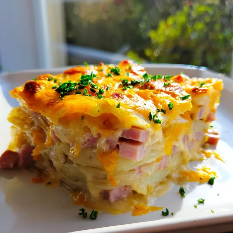 A close-up of Creamy Ham and Potato Scallop Casserole shows off layers of tender potatoes and ham baked to perfection.